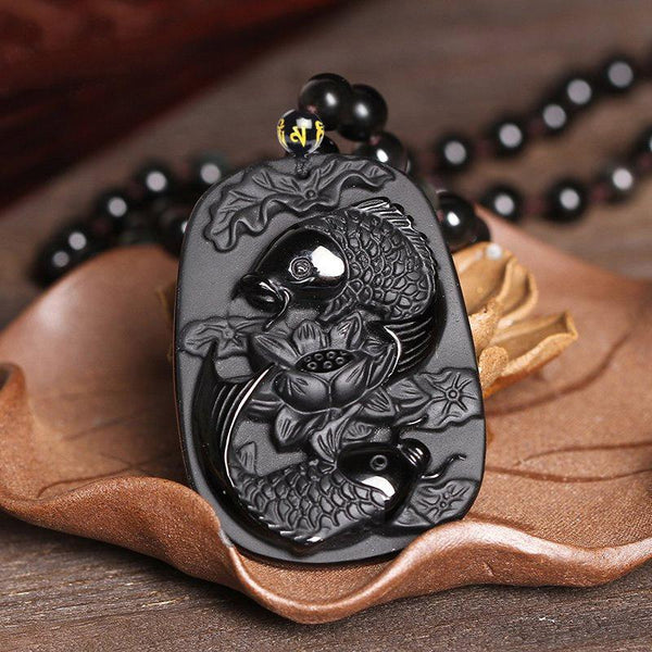 Black Obsidian Twin fish and lotus Lucky Charm Necklace - StoreRage Online