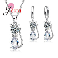 Jewelry Set Cubic Zirconia Cat Kitty Necklace, Pendant and Earrings